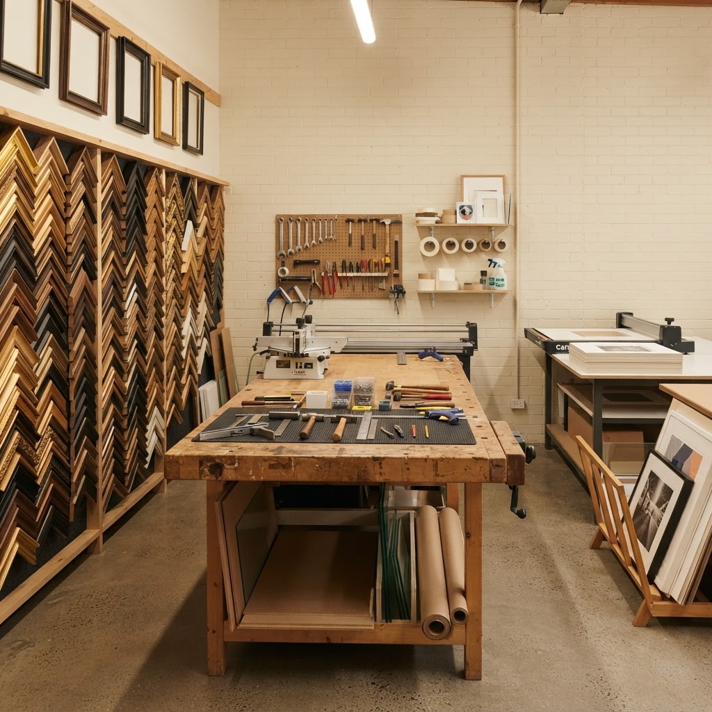 Art Cubed Pty Ltd framing studio — tools and moulding samples
