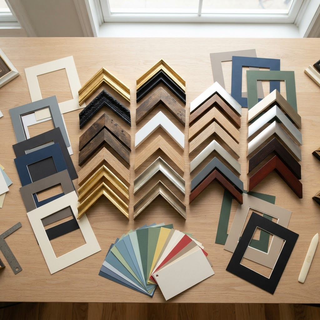Frame moulding corner samples and matboard swatches on a table