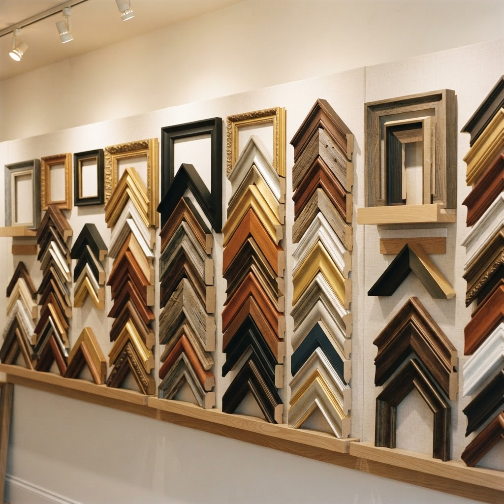 Selection of picture frame moulding samples and finished frames