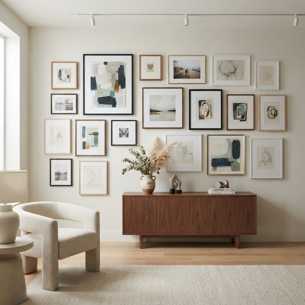 Gallery wall with multiple framed artworks professionally hung